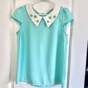 Aqua Sleeveless Top with Embellished Collar